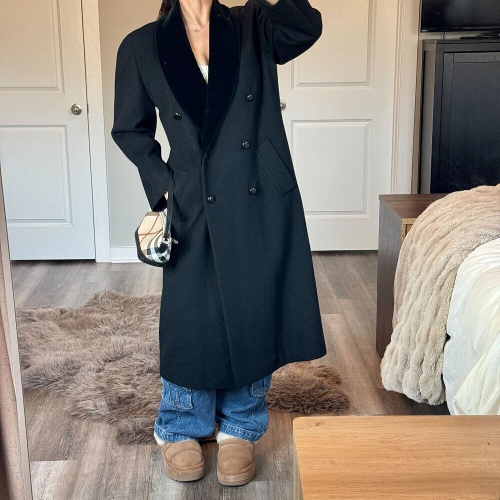 Vintage Albert Nipon Long Wool Coat Velvet Trim Double Breasted Old Money Sz 6